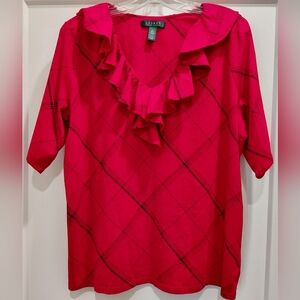LAUREN Ralph Lauren Womens 2x Red With Black Plaid, Ruffle Collar, 3/4 Sleeve